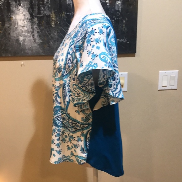7th Avenue NY&C Blue Floral Paisley Mixed Media Short Sleeve Blouse-Size M - Picture 2 of 13